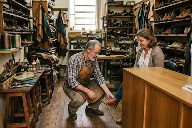 Atendimento de sapateiro ajudando na escolha de sapatos.