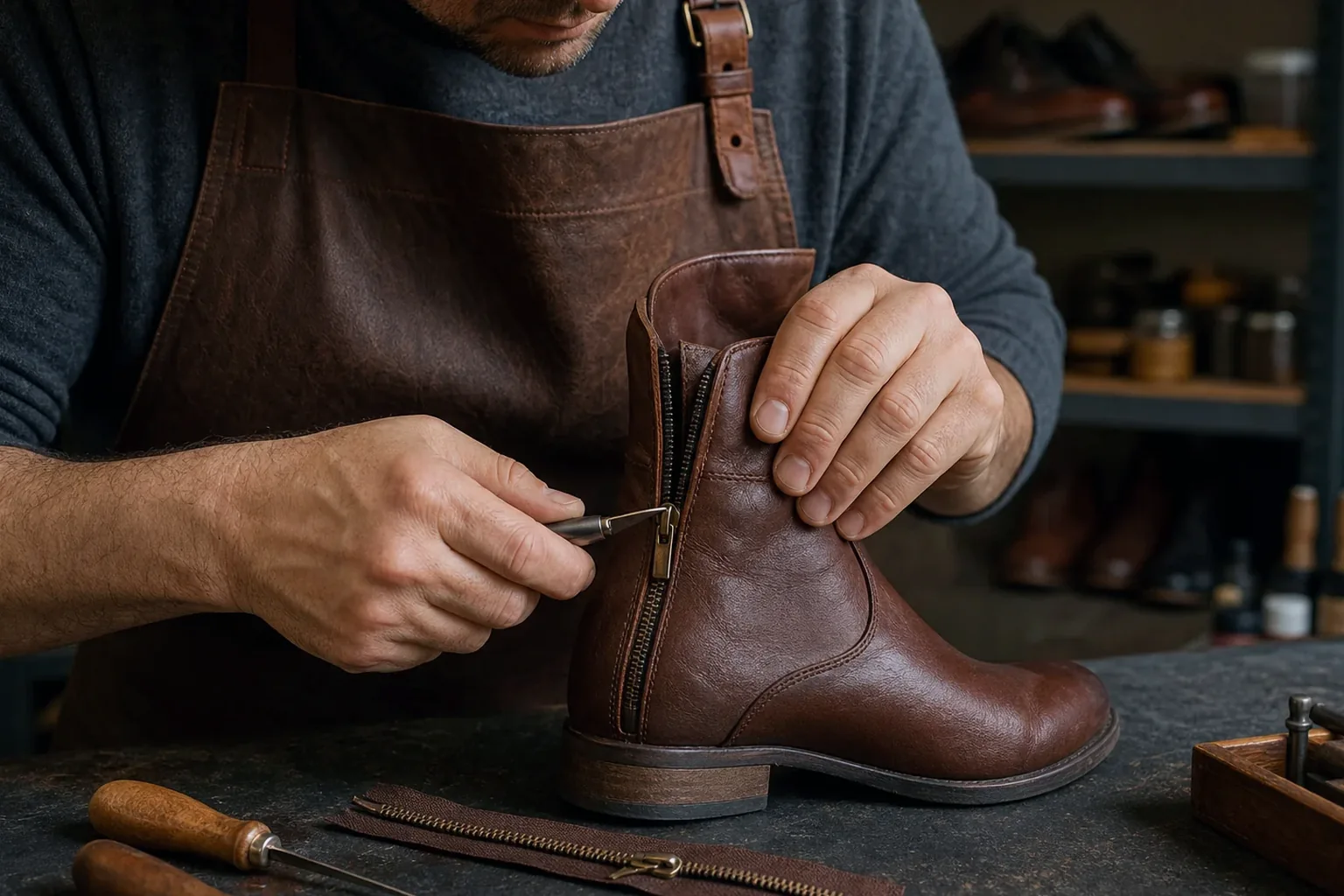 Profissional consertando o zíper de uma bota de couro.