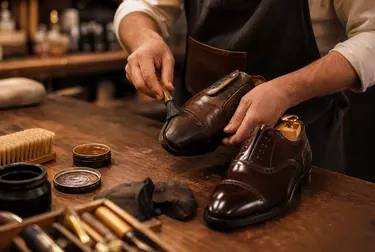 Reforma de sapatos sociais sendo efetuada por profissional.
