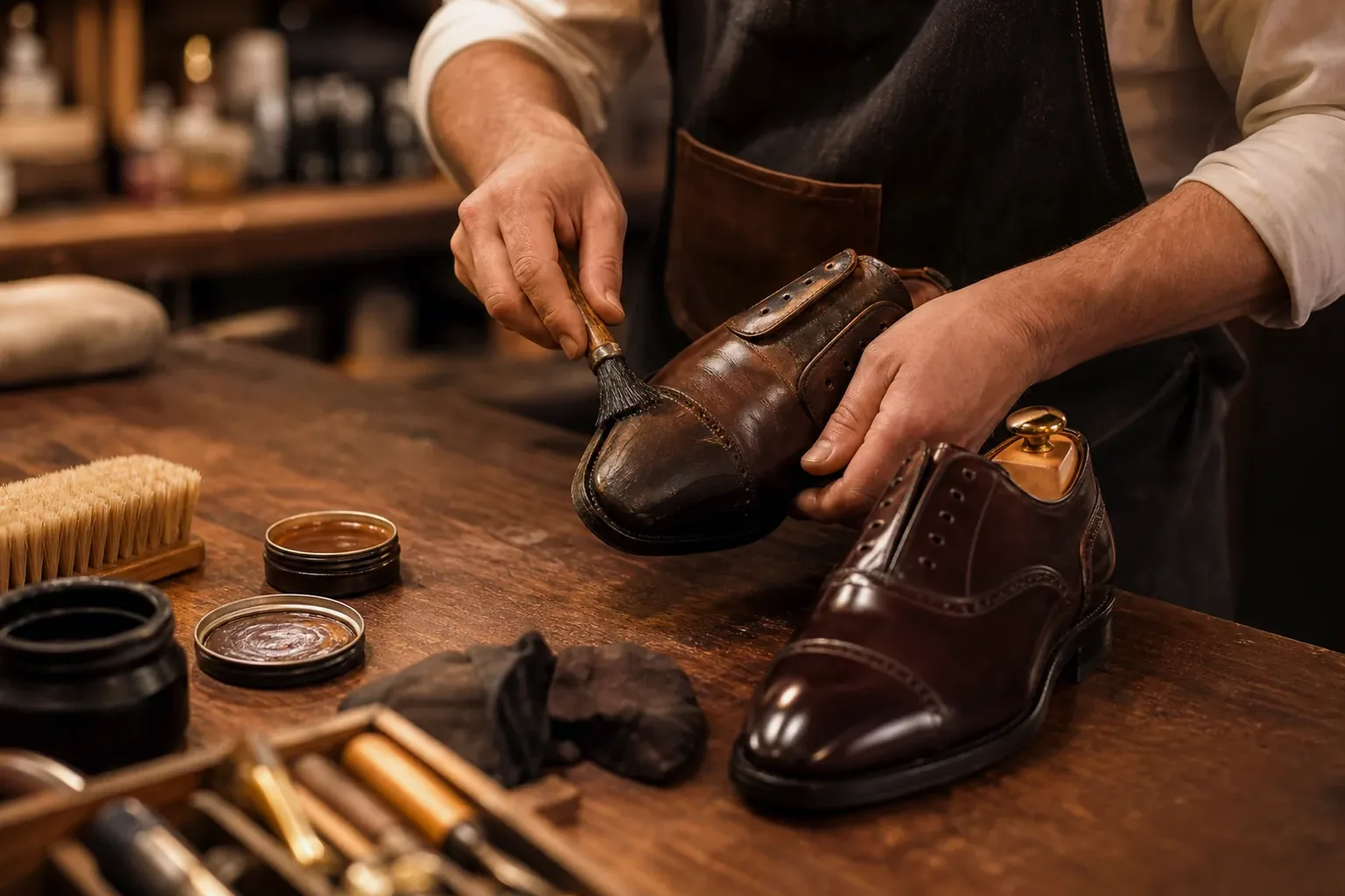 Reforma de sapatos sociais sendo efetuada por profissional.