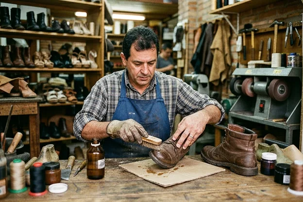 Sapatos sendo aplicados com impermeabilizante por um profissional.